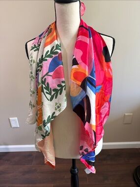 Set of 2 Different Vibrant Multicolor Abstract Floral Scarves. 1 Pink 1 White